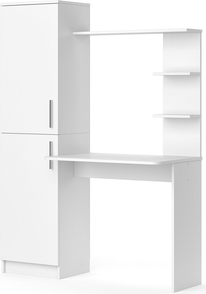 A white desk with a tall cabinet and shelves, photographed in a studio setting against a white background.