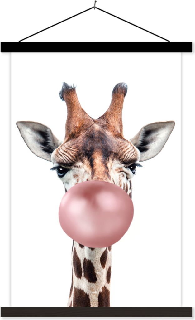 MuchoWow Textilposter Giraffe - Kaugummi - Rosa - Kinder - Junge - Mädchen 60x90 cm mit schwarzem Rahmen - Poster Wohnzimmer