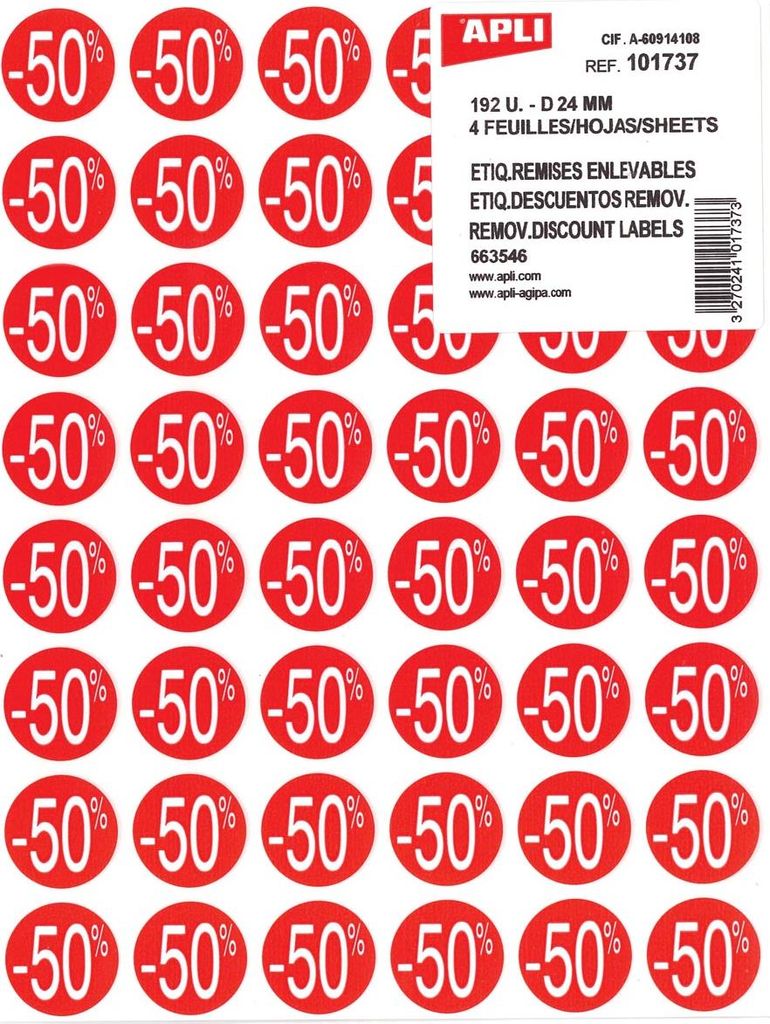 Apli - Agipa Rabattetikett -50 %, rot, Packung à 192 Stück, abnehmbar