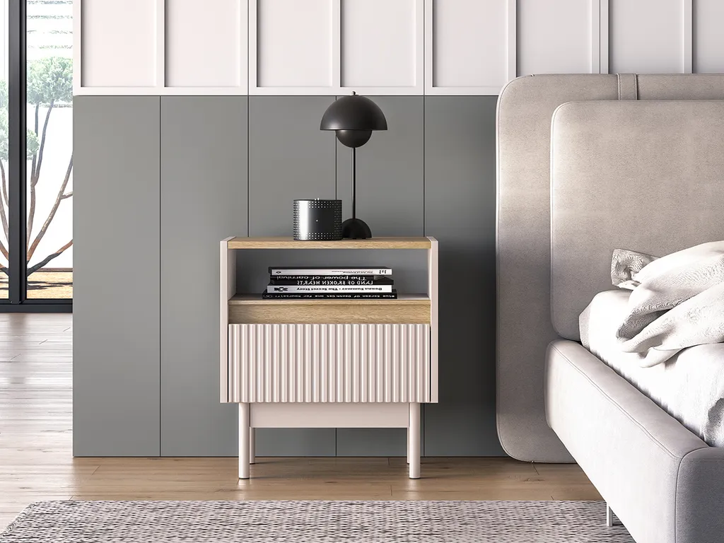 Table de chevet THEA pour rangement chambre chêne et beige cachemire