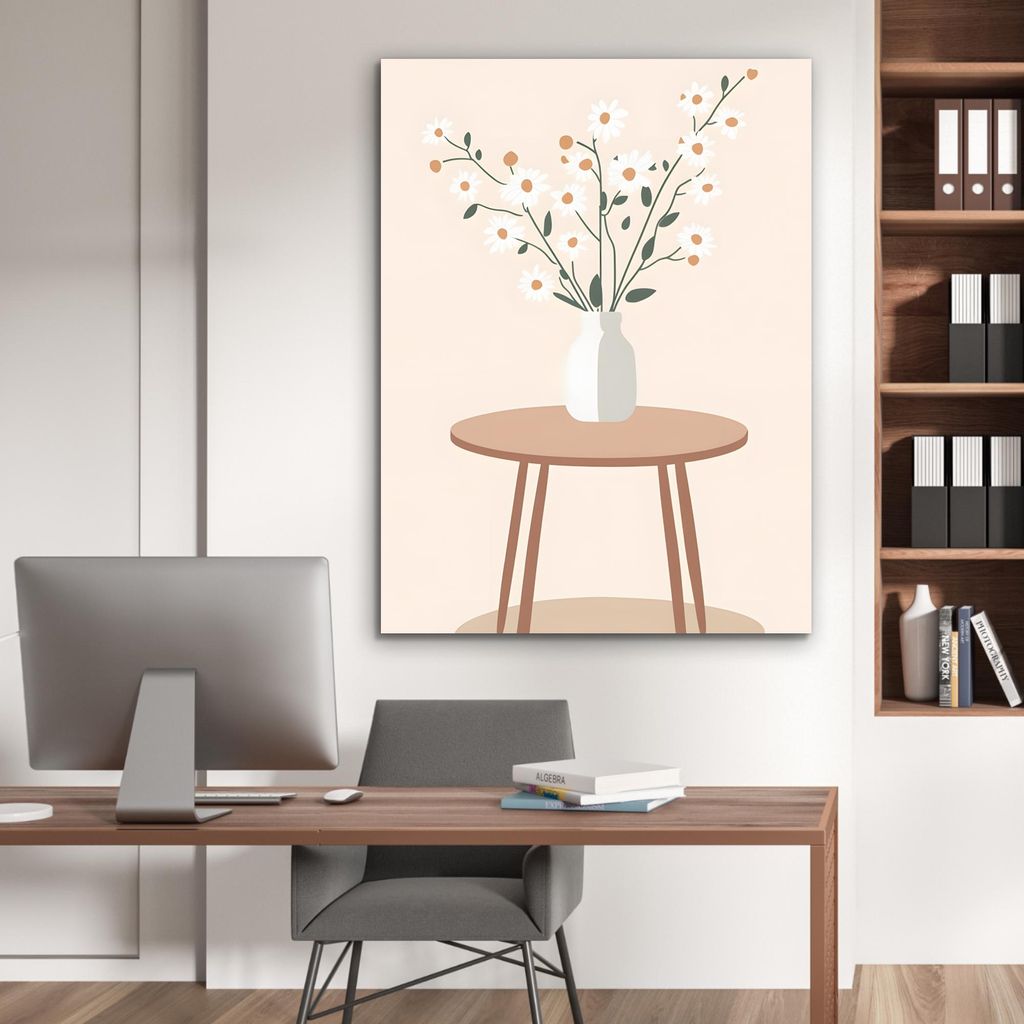 MuchoWow Wanddekoration Metall Metallbild Wandkunst 90x120 cm Vase - Blumen - Gänseblümchen - Beige MuchoWow Aluminium Gemälde - Industrial