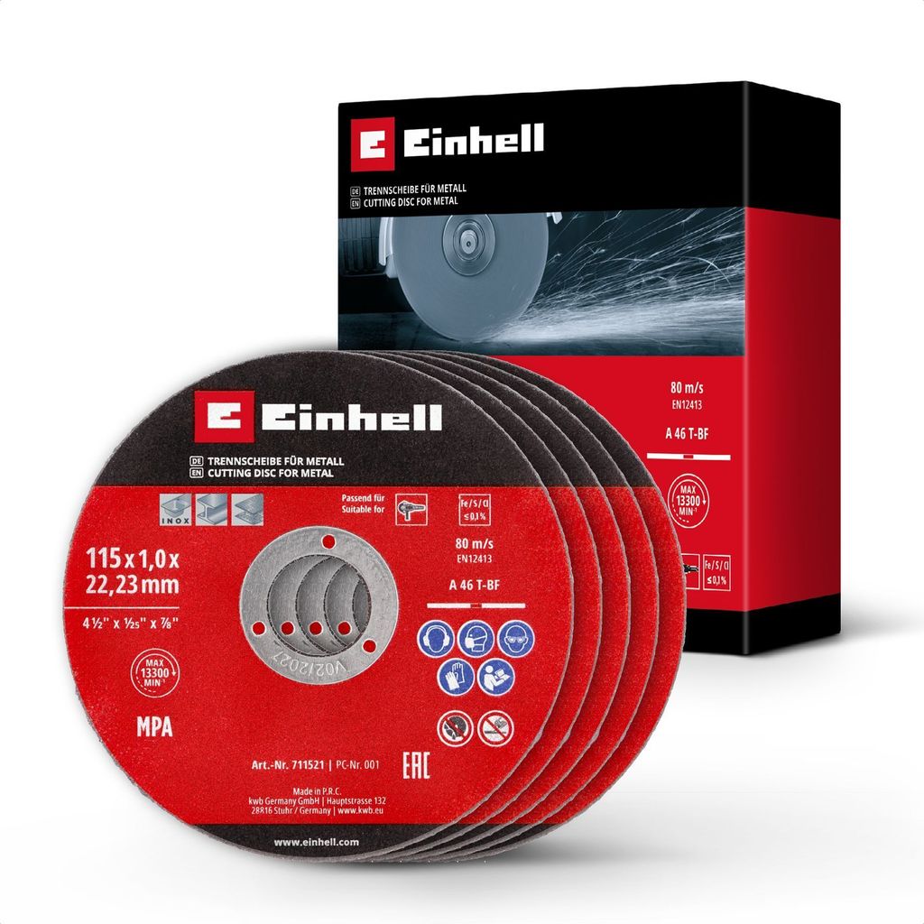 Original Einhell 5-tlg. Dünntrennscheiben-Set für Metall, Ø 115 mm (1 mm Stärke, MPA-, hohe Lebensdauer, präzise, gratarme Schnitte, für Wink...