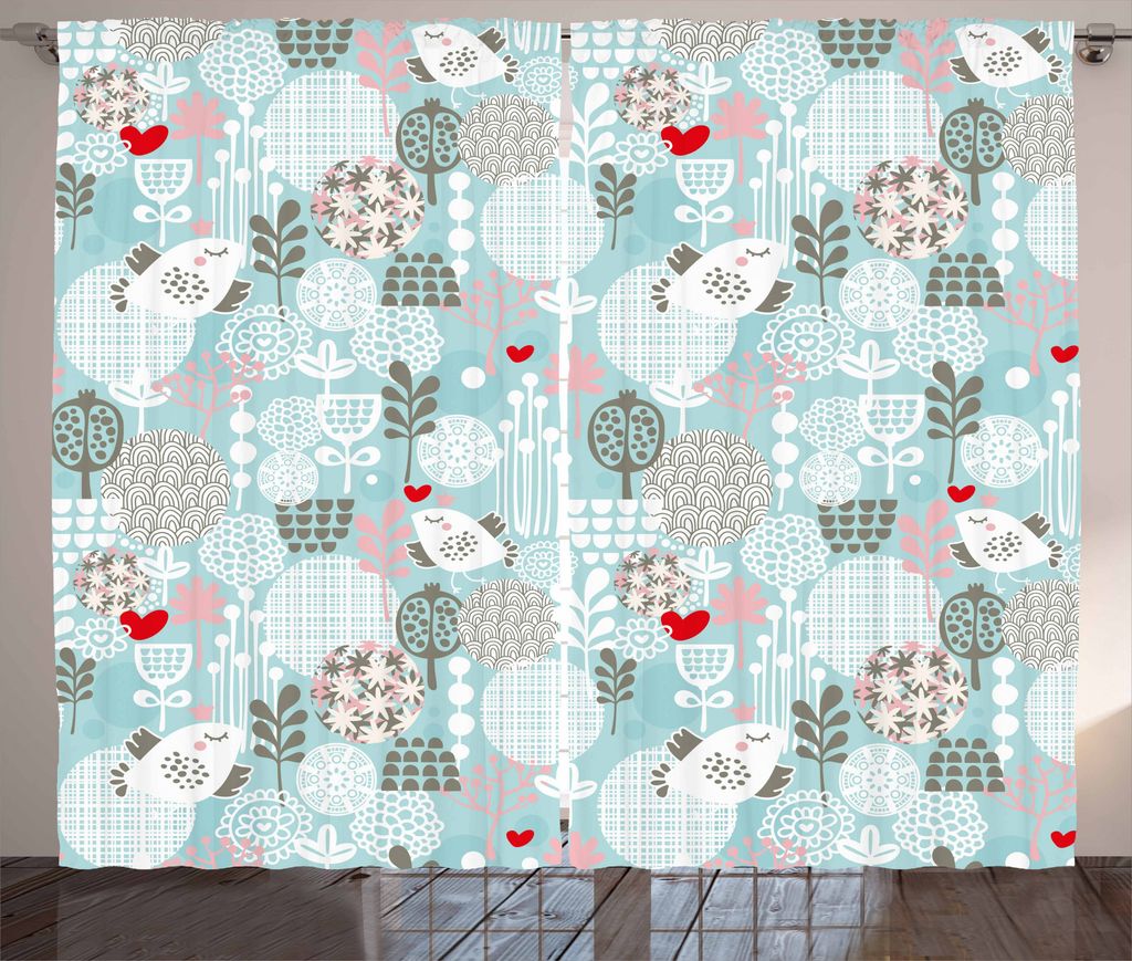 ABAKUHAUS Blumen Rustikaler Gardine, Valentines Vögel, Schlafzimmer Kräuselband Vorhang mit Schlaufen und Haken, 280 x 175 cm, Mehrfarbig