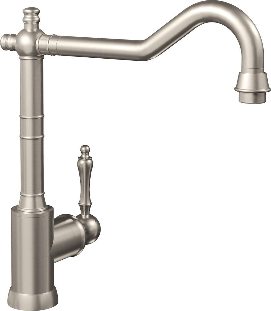 A studio shot of a kitchen faucet against a white background.