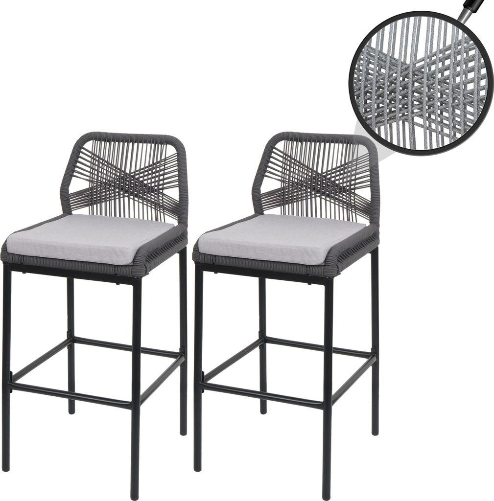 2er-Set Rope-Barhocker MCW-O21, Outdoor Sitzpolster Seilgeflecht Metall anthrazit, Kissen hellgrau