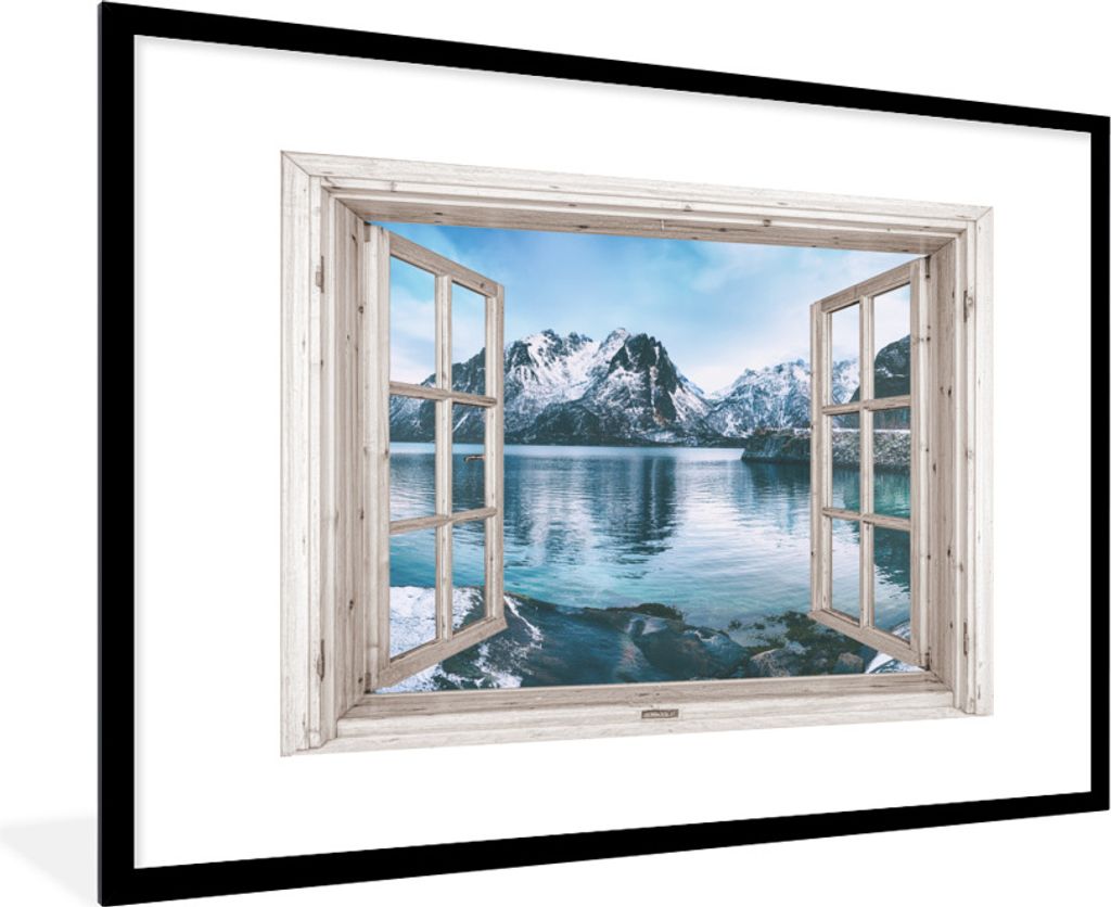 MuchoWow Gerahmtes Poster Aussicht - Berg - Wasser 90x60 cm - Poster mit Schwarzem Bilderrahmen Wandposter Rahmen Foto Bilder - Wanddekoration - ...