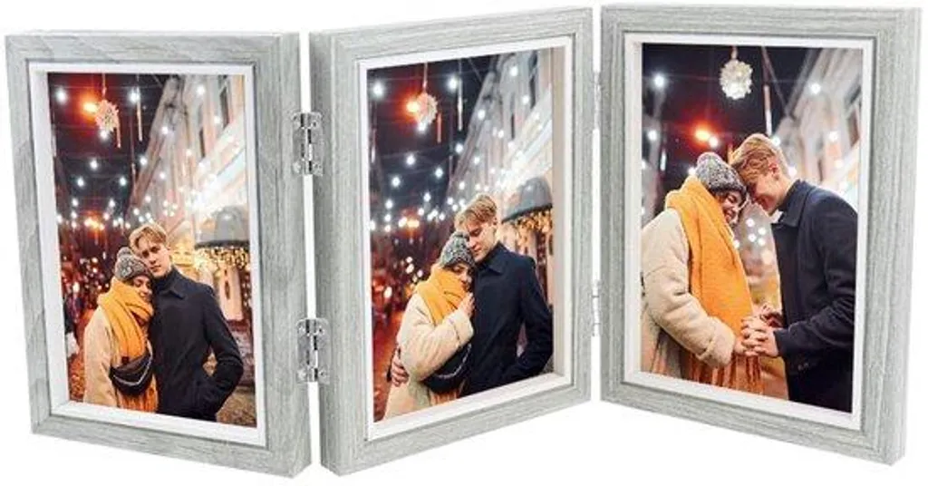 Cadre photo rotatif 360° triple volet gris bois - Design articulé chic