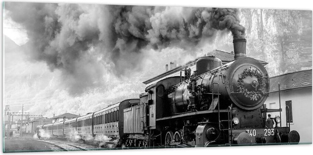 Bilder auf glas - Einteilig - Zug Schwarzweiß Rauch - 120x50cm - Glasbilder - Wandbilder - Bilder - zum Aufhängen bereit - Wanddekoration aus Gla...
