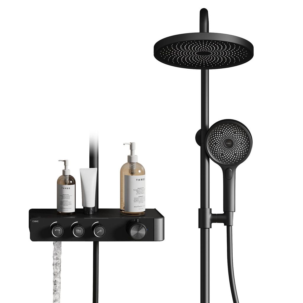 A black shower system with a shelf holding toiletries, displayed against a white background.