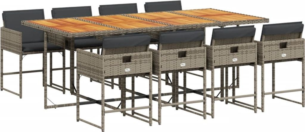 9-tlg. Garten-Essgruppe mit Kissen Grau Poly Rattan