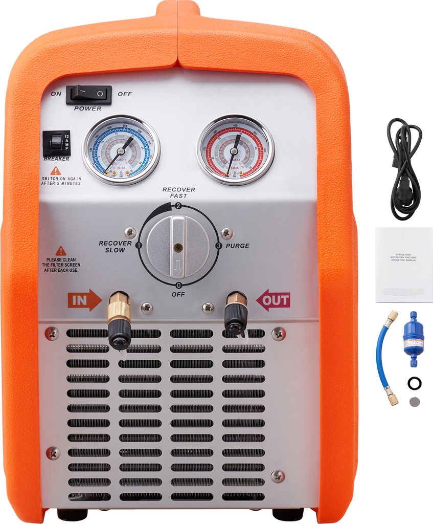 A front view of a portable refrigerant recovery machine with gauges, a selector dial, and input/output ports. Accessories and a manual are visible to the right.