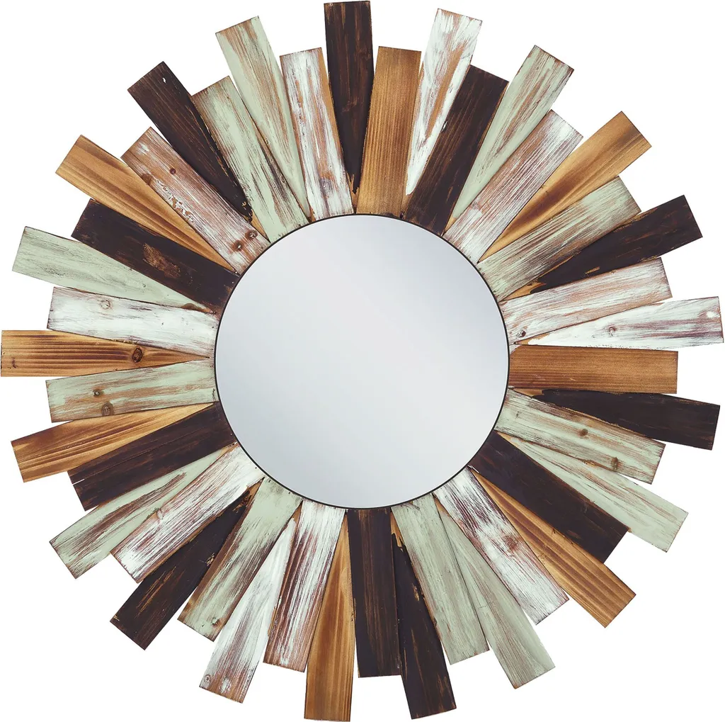 Grand miroir décoratif rond multicolore en bois de sapin ø 75 cm mural