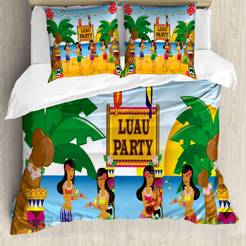 ABAKUHAUS Tiki Bar Bettbezug, Luau Party-Tanz, Milbensicher Allergiker geeignet mit Kissenbezügen, 200 cm x 200 cm - 80 x 80 cm, Mehrfarbig