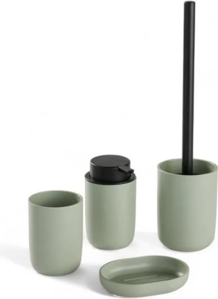 Set Accessori Bagno 4 Pezzi Verde - Dispenser e Scopino Design Moderno