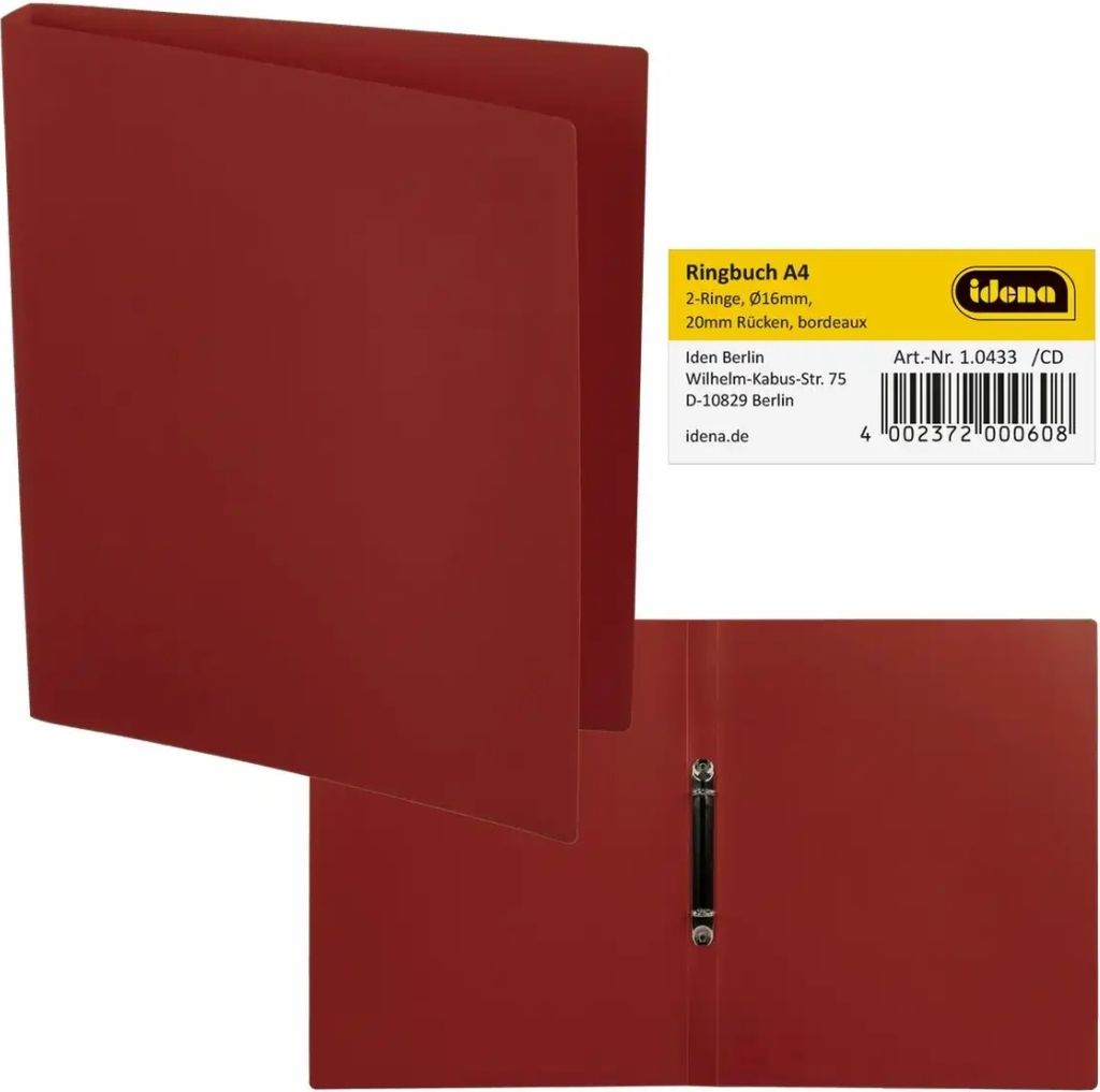 IDENA Ringbuch A4 2 Ringe PP Idena bordeaux 20mm Produktbild 
