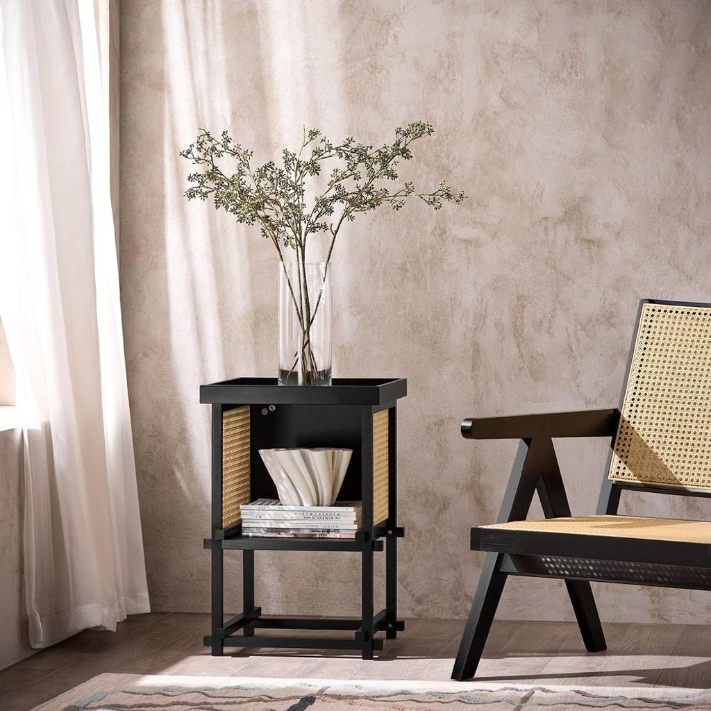 SoBuy Couchtisch Aufbewahrungsmöbel mit Rattan-Details Schwarz Skandinavisch HFBT03-SCH