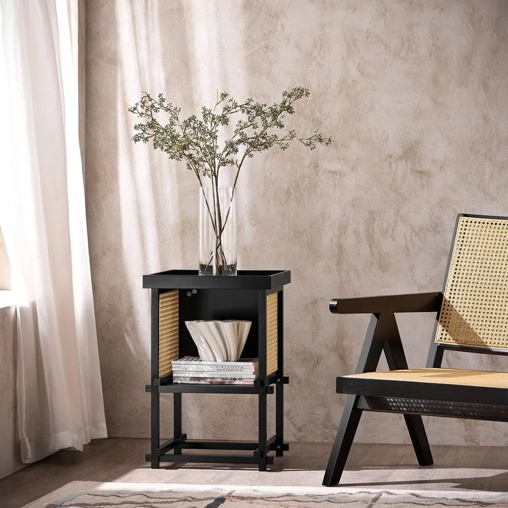 SoBuy HFBT03-SCH Table d'appoint noire avec rotin naturel et étagère
