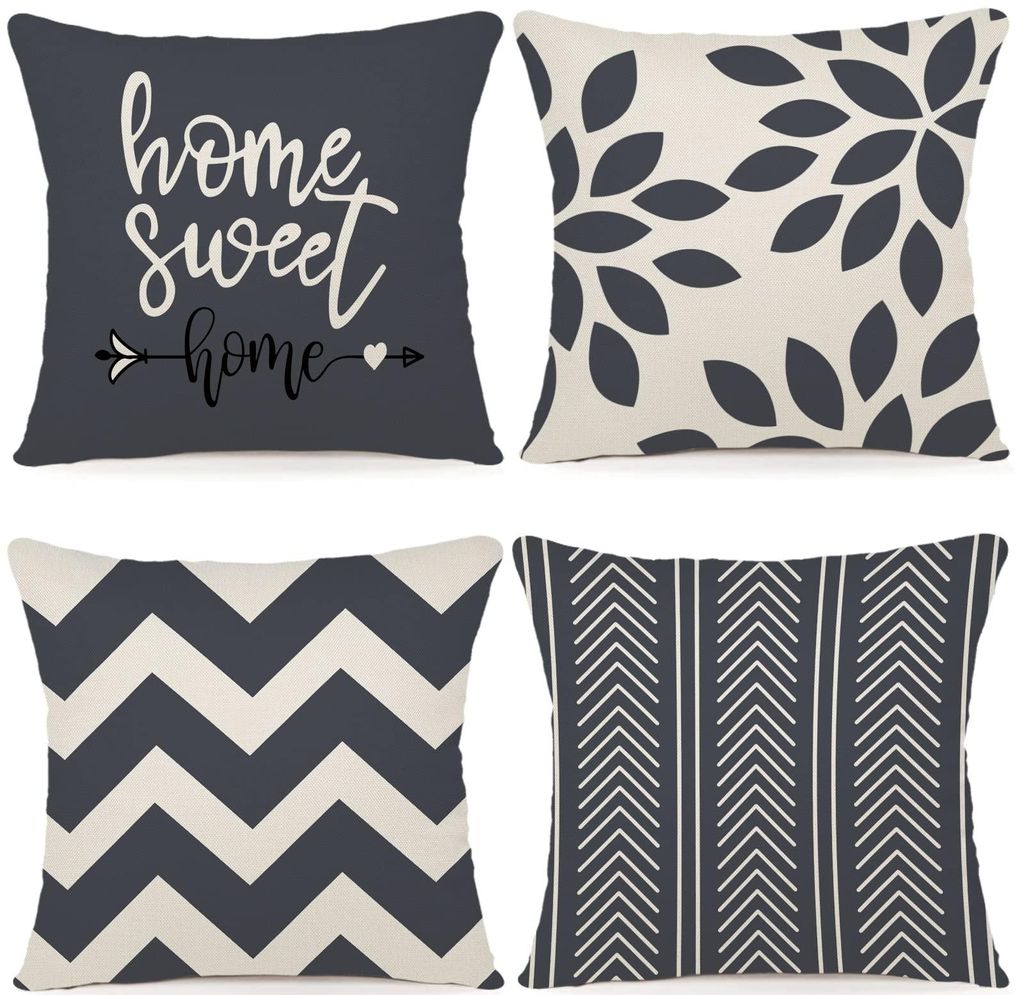 Set mit 4 Kissenbezügen, 45x45 cm, dekorative Leinenkissen für Schlafzimmer, Sofa, Stuhl, Bett, Garten, schwarz/grau