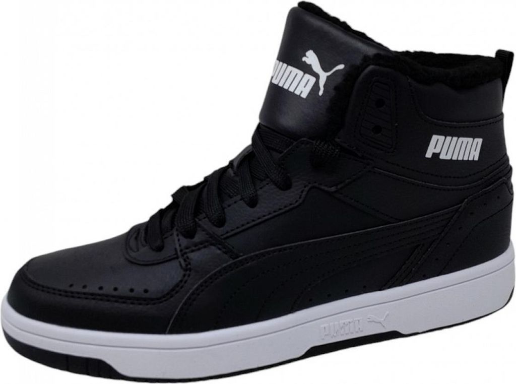 A studio shot of a black Puma high-top sneaker with a white sole.