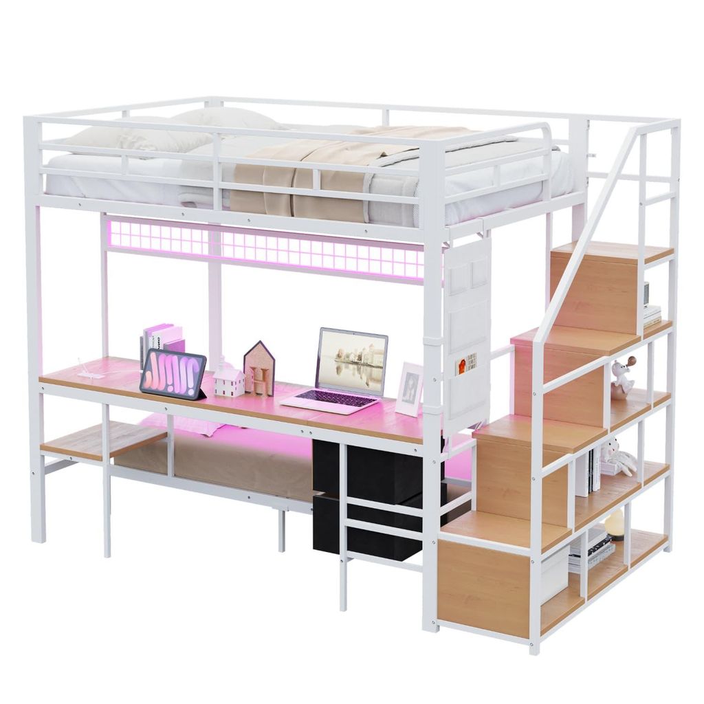 Metall-Hochbett,Multifunktionsbett mit Schreibtisch,LED,Mit Steckdosen,offenem Stauraum und Stoffschubladen-Oberbett 140*200+Unterbett 90*200,Weiß