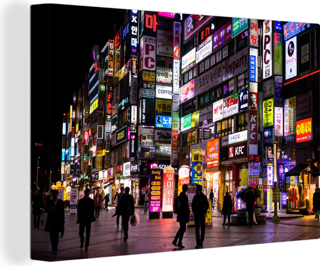 OneMillionCanvasses - Leinwandbilder - 140x90 cm, Nacht - Seoul - Straße, Wandbilder Kunstdruck Wanddekoration - Foto auf Leinwand - Gemälde au...