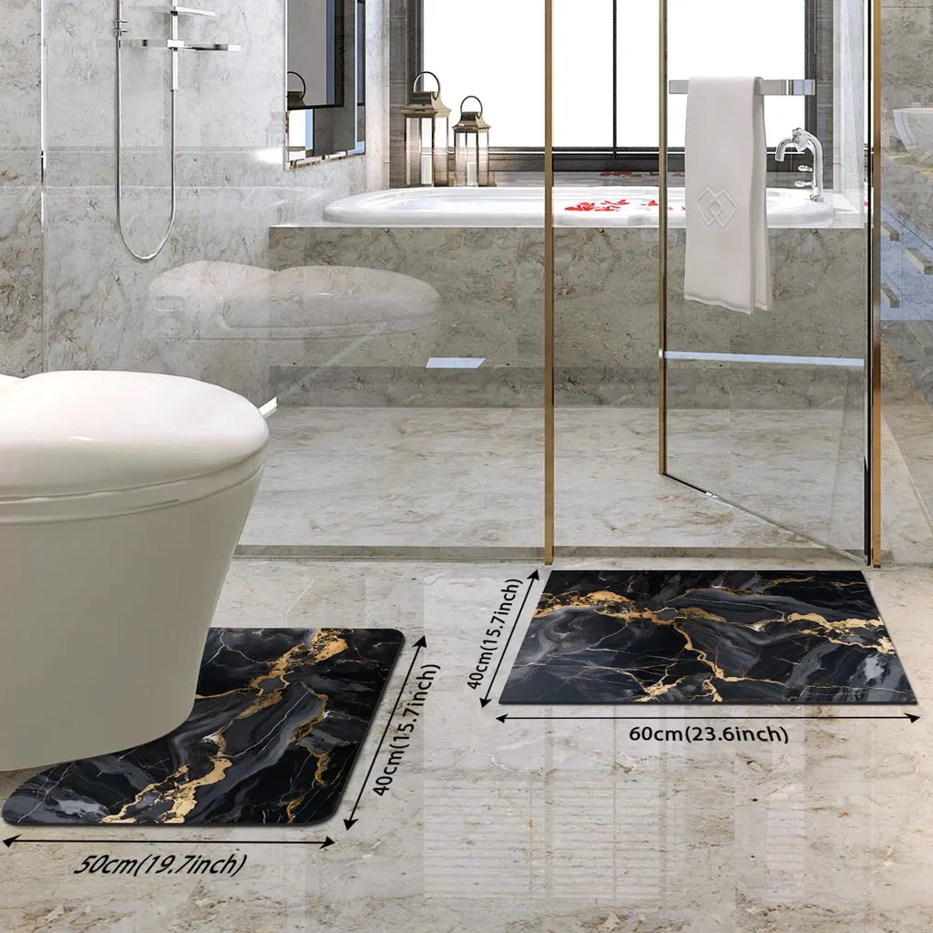 Ensemble de Tapis de Bain Antidérapants Style Marbre Noir et Blanc - 2