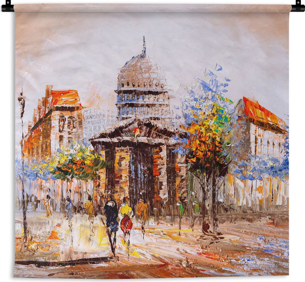 MuchoWow Wandteppich Wandbehang Gemälde - Stadt - Öl 120x120 cm Tapisserie Dekoration Wandtuch - Modern - Baumwollgewebe