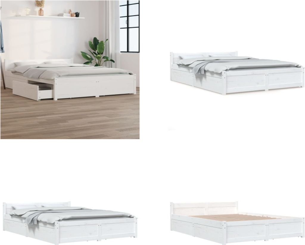 vidaXL Bett mit Schubladen Weiß 135x190 cm - Bettrahmen - Bettgestell - Bett - Holzbett