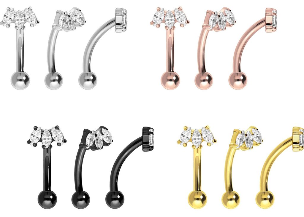 Bauchnabel-Piercing, Rook Piercing Titan Banane mit Push Fit 3 KRISTALLTROPFEN Gold Stablänge: 8mm