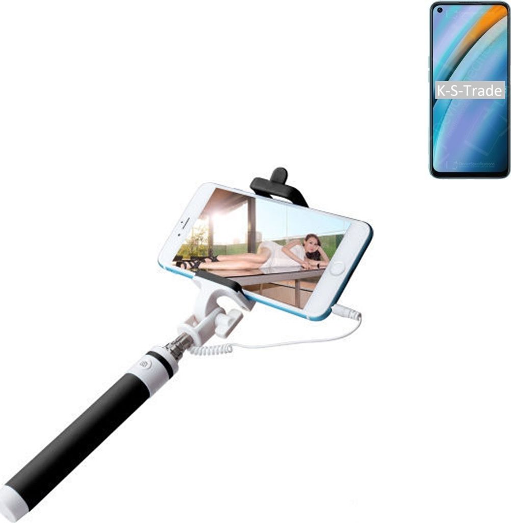 K-S-Trade Selfie Stick kompatibel mit Oppo K10 4G Selfiestick kabelgebunden Monopod mit Kabel Stab Stange Selfportrait Handheldstick schwarz 1x