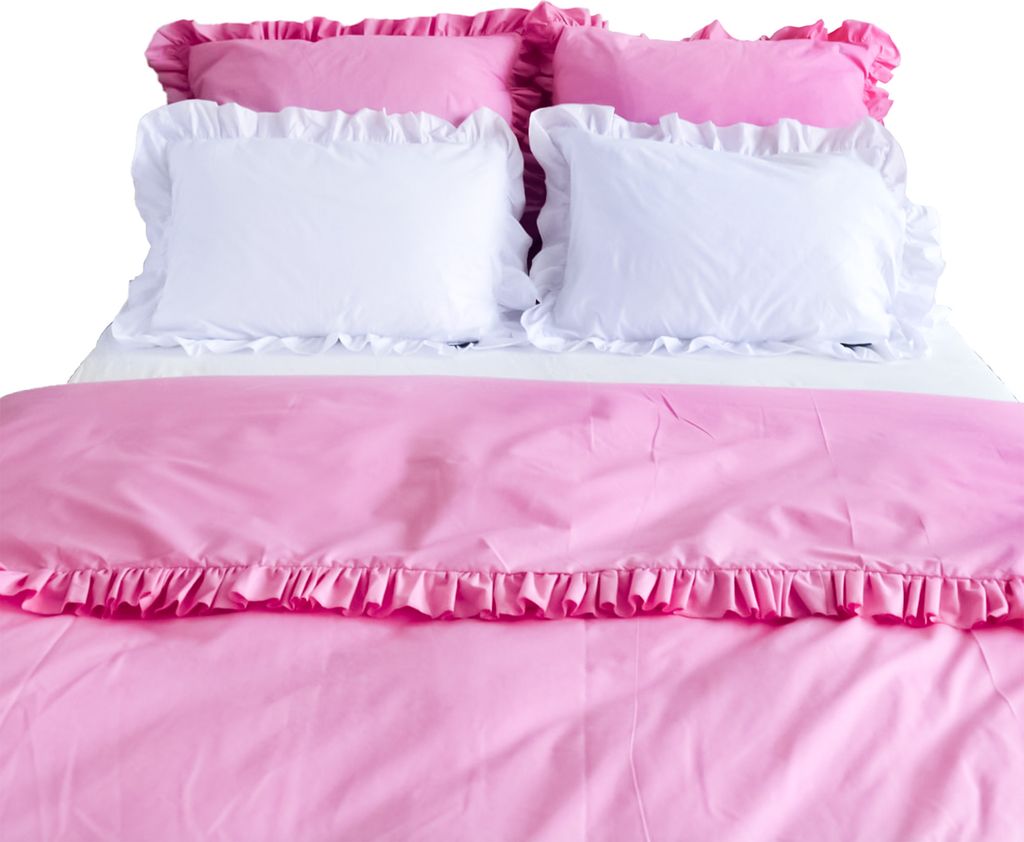Baumwolle Bettwäsche Mit Rüschen Set Schlafzimmer Bettdeckenbezug 160X200 Cm + 4 Kissenbezüge Rosa Weiß