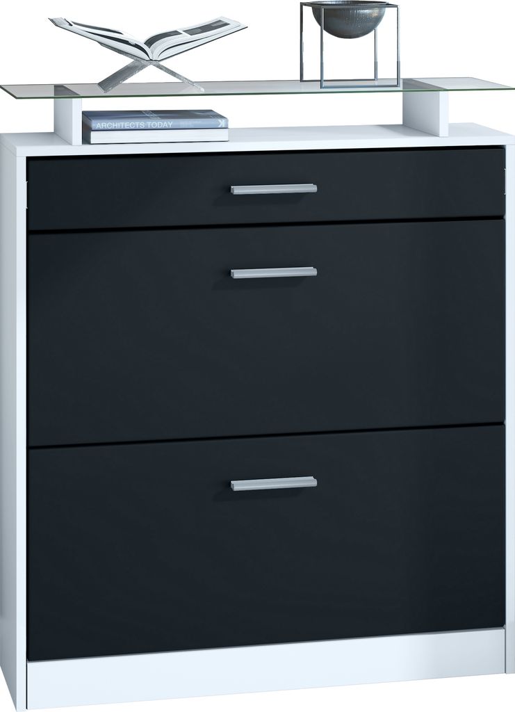 Vladon Schuhschrank Loret 89 x 104 x 23 cm Schuhkipper für 16 Paar Schuhe mit 1 Schublade, 1 Glasablage, Farben Weiß matt & Schwarz matt