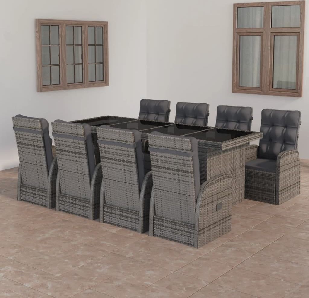 9-tlg. Garten-Essgruppe mit Auflagen Poly Rattan Grau 3059340