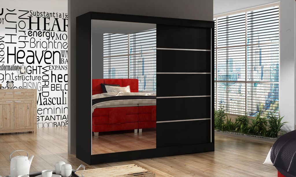 Schwebetürenschrank Basti III 200 cm mit Spiegel - Kleiderschrank mit 2 Türen, Kleiderstange und Einlegeboden, 200x215x58 cm (Schwarz)