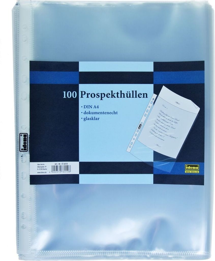 100 IDENA Prospekthüllen / DIN A4 / glasklar / 60my Produktbild 
