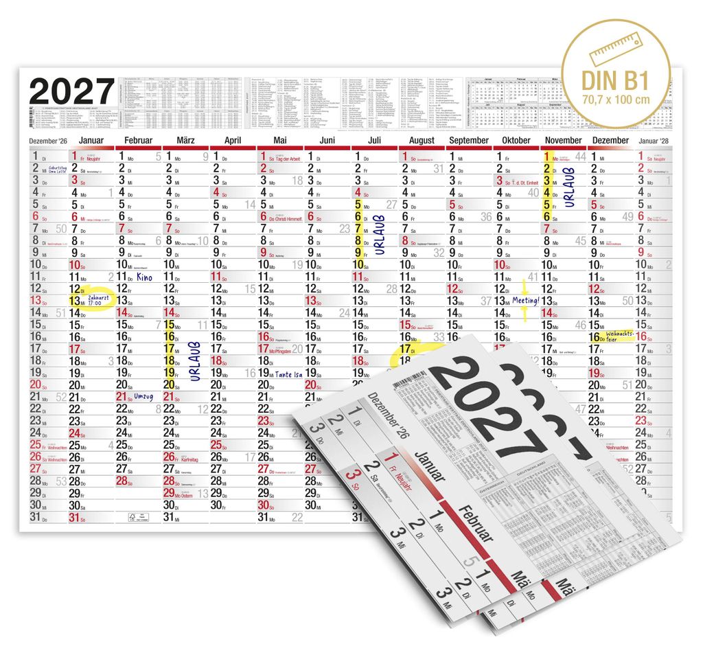 Wandkalender 2027 XXL B1 Gefalzt 2er Set 70x100 cm Jahresplaner Feiertage Ferien DE AT