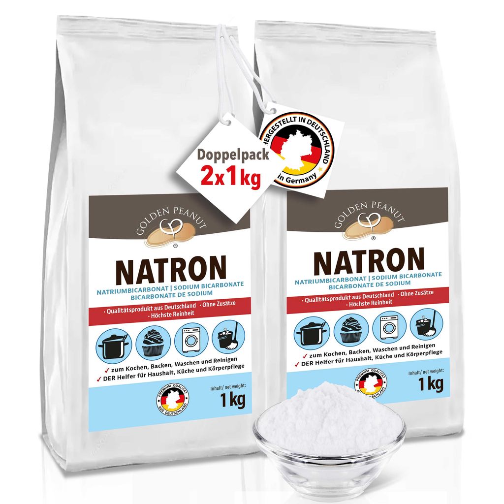 GOLDEN PEANUT Natron Pulver 2x 1 kg - Natriumhydrogencarbonat, Backsoda, Backpulver, Wasch-Soda, Lebensmittelqualität aus Deutschland
