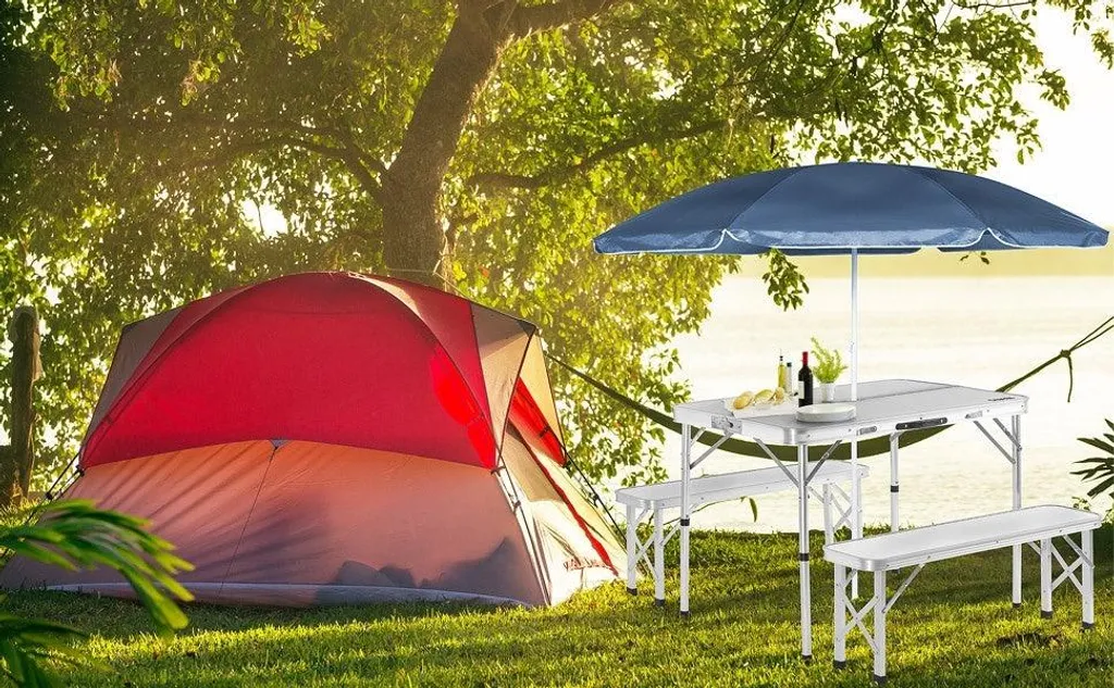 Mobilier de camping complet avec table pliante et bancs en aluminium