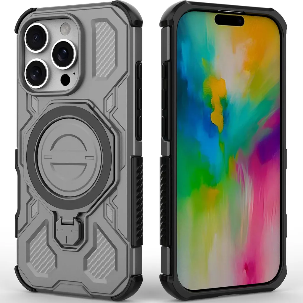 Cover mobile resistente per iPhone 16 Pro, custodia robusta con supporto ad anello, supporto magnetico e supporto Grigio