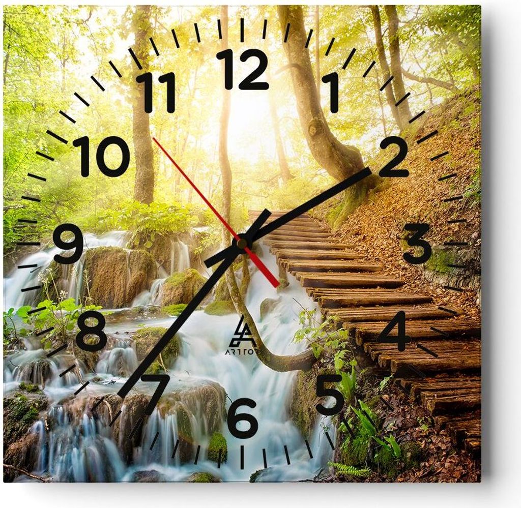 Wanduhr - Quadrat - Glasuhr - Park Wasserfall Wasser - 40x40cm - Schleichendes Uhrwerk - Lautlos - zum Aufhängen bereit - Dekoration Modern - Wand...