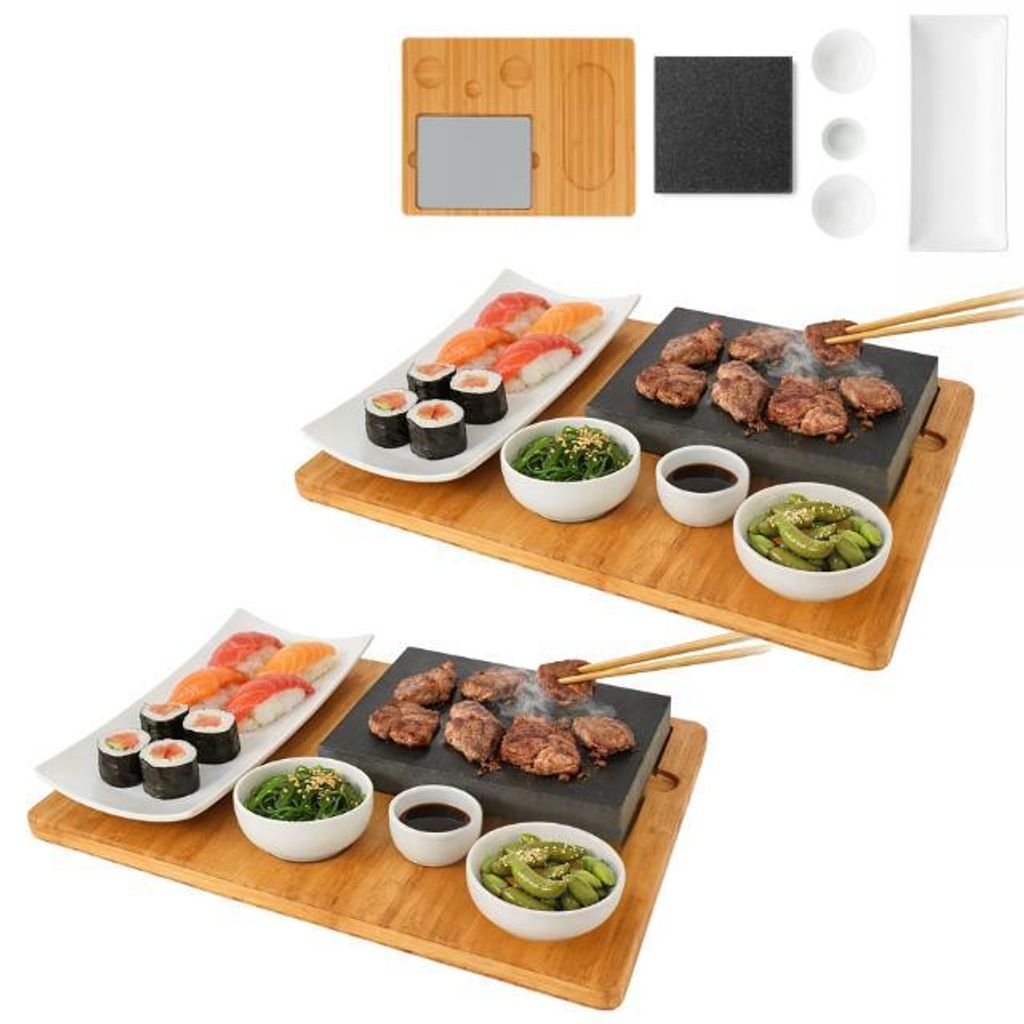 Lavastein Steakbrett 2 Stück , Servierplatte, Bambusbrett mit Hot Stone Grill, Steak Grillplatte, Steinplatte, Tischgrill Grill 2 Set