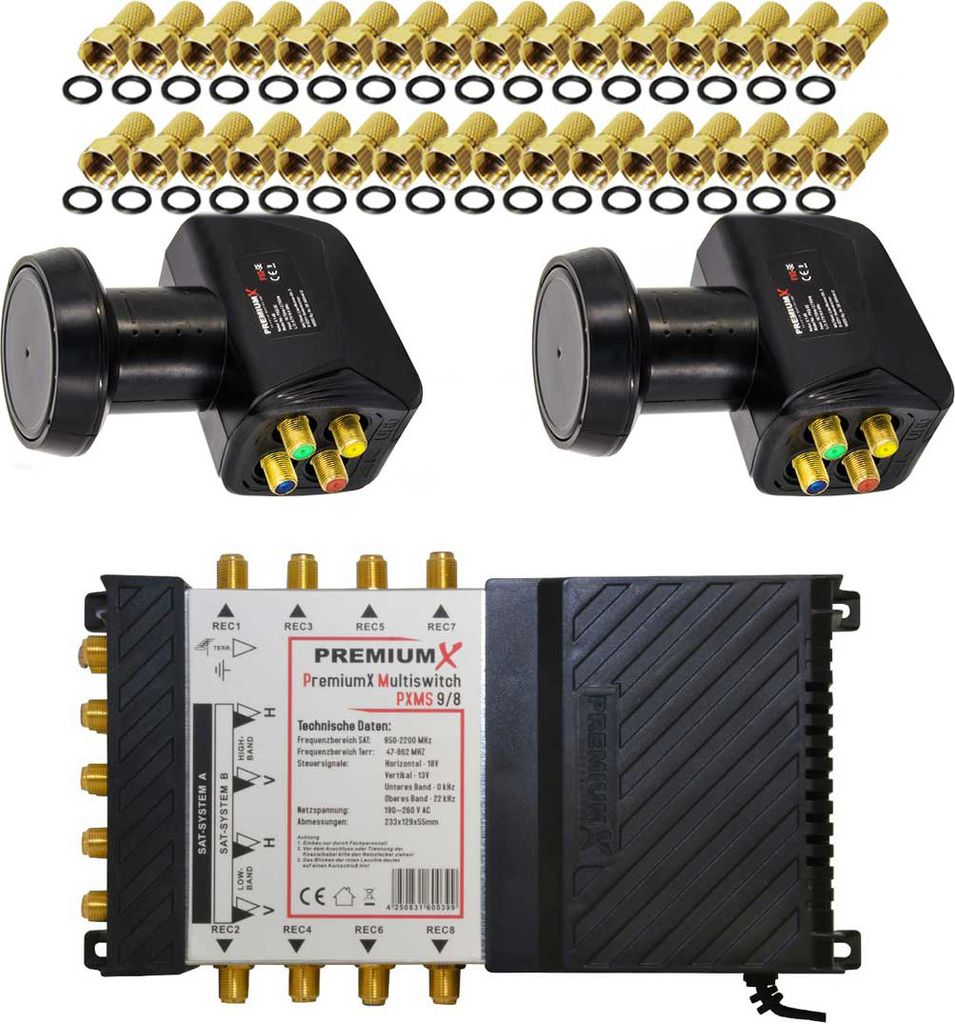 PremiumX Multischalter Set 9/8 Multiswitch SAT 2x Quattro LNB 32x F-Stecker