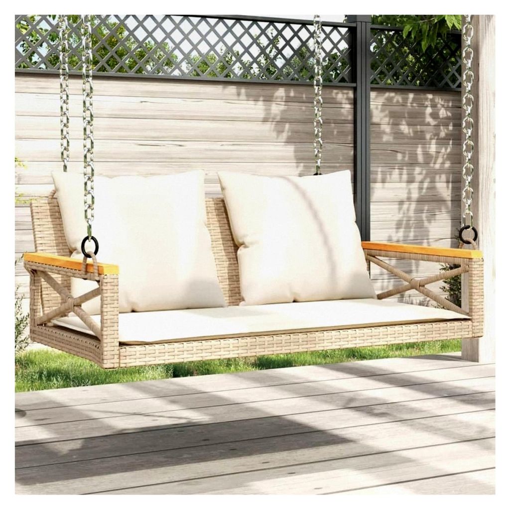 Hängebank mit Kissen Beige 109x62x40 cm Poly Rattan für Terrasse, Garten, Balkon, Pool