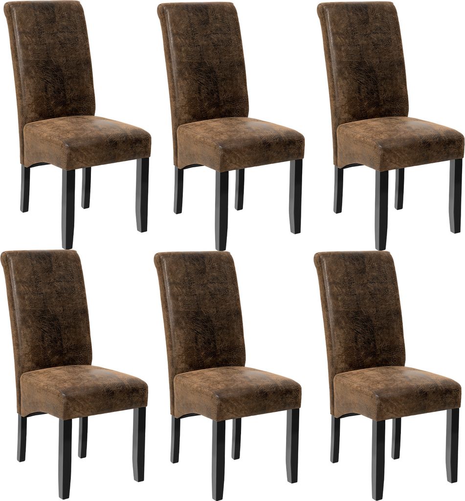 Six brown dining chairs are arranged in two rows of three against a white background.