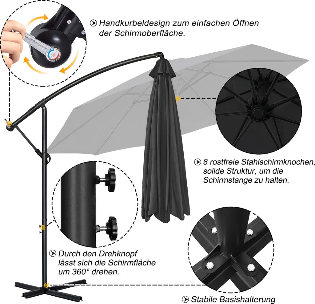 LZQ ALU Sonnenschirm Gartenschirm Ø300cm Terrassenschirm Produktbild 6