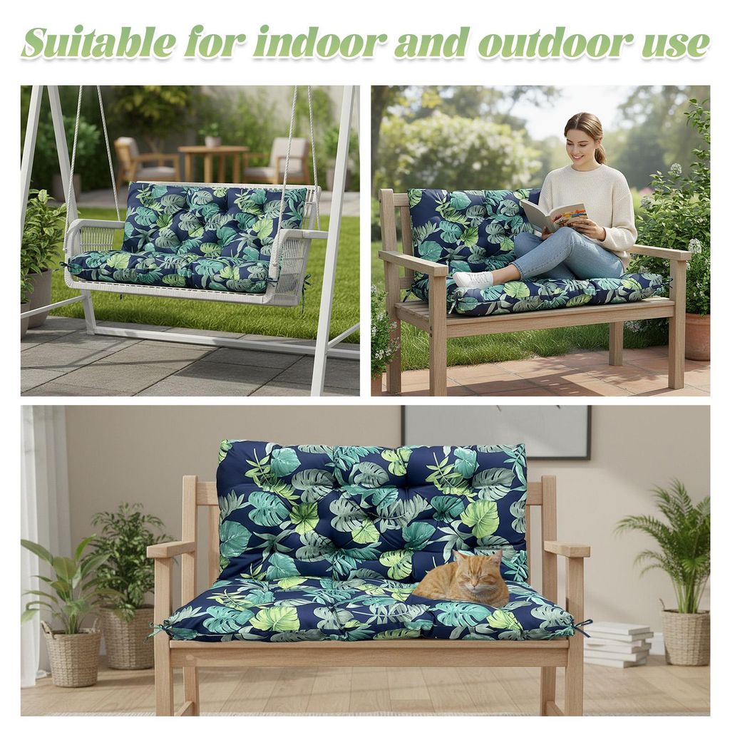Gartenbankkissen 120x100x10 cm, Outdoor Bankauflage Sitzkissen für 2–3 Personen Gartenbank, Polsterauflage für Hollywoodschaukel,Grüne Blätter