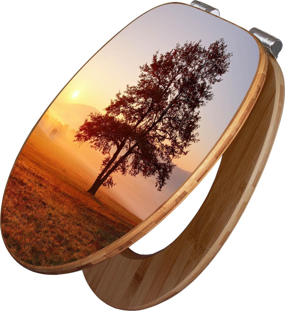 banjado Design WC Sitz Bambus Absenkautomatik -Sonnenaufgang - Toilettendeckel mit Absenkautomatik Holz/hochwertiger Bambus Klodeckel/WC-Sitz für ...