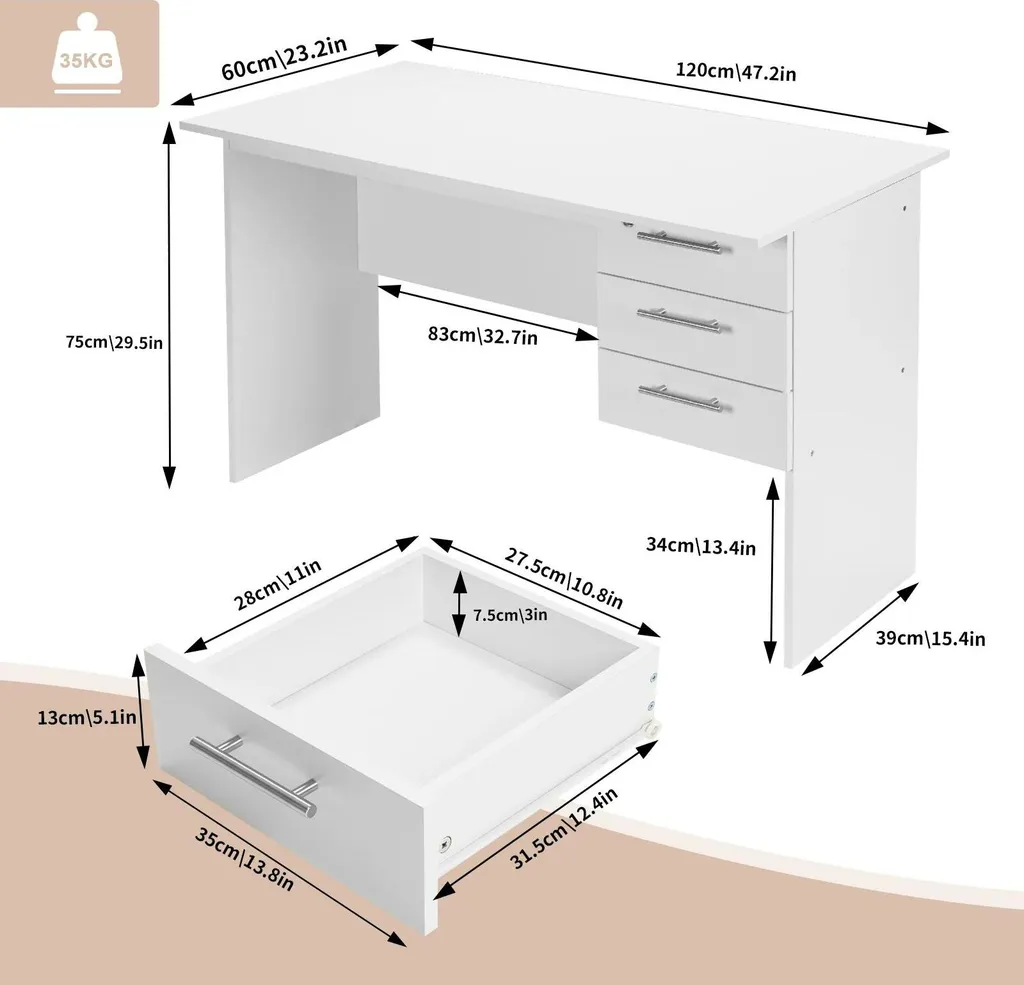 Bureau blanc en MDF Modèle Zen - Table d'ordinateur 3 tiroirs sécurisés - 4