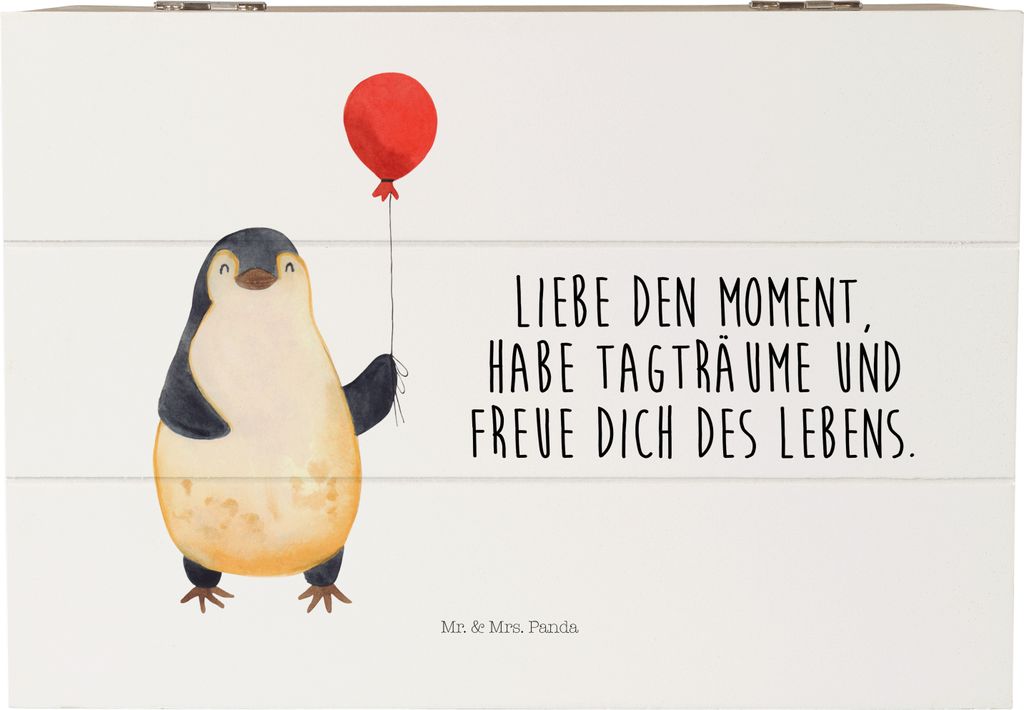 Mr. & Mrs. Panda Kiste Pinguin Luftballon 22 x 15 cm - Weiß - Geschenk, Box, Fröhlich, Liebe, Truhe, geschenkkiste, Geschenkidee, fotobox, Holzbox