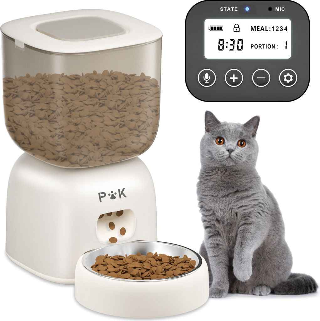 Balimo Automatischer Futterautomat, Katze und Hund, Futterspender für Katzen&Hunde, Sprachrekorder - 3L - Weiß